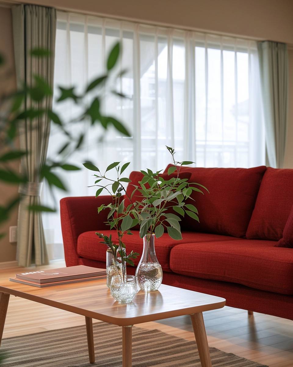 Wohnzimmer-Ideen mit rotem Sofa- Dekoriere den Couchtisch mit klaren Glasvasen