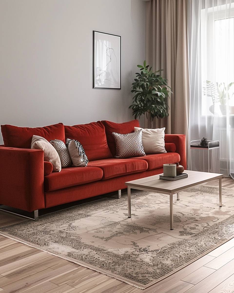 Wohnzimmer-Ideen mit rotem Sofa- Ergänze das Ensemble mit stilvollem Teppich in Cremetönen