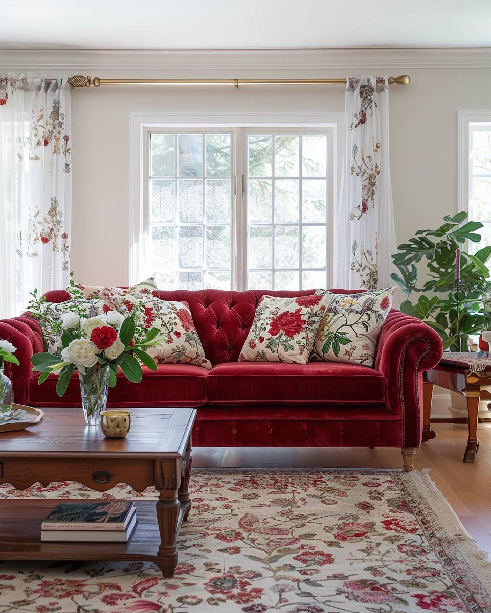 Wohnzimmer-Ideen mit rotem Sofa- Greife zu floralen Mustern für eine romantische Atmosphäre