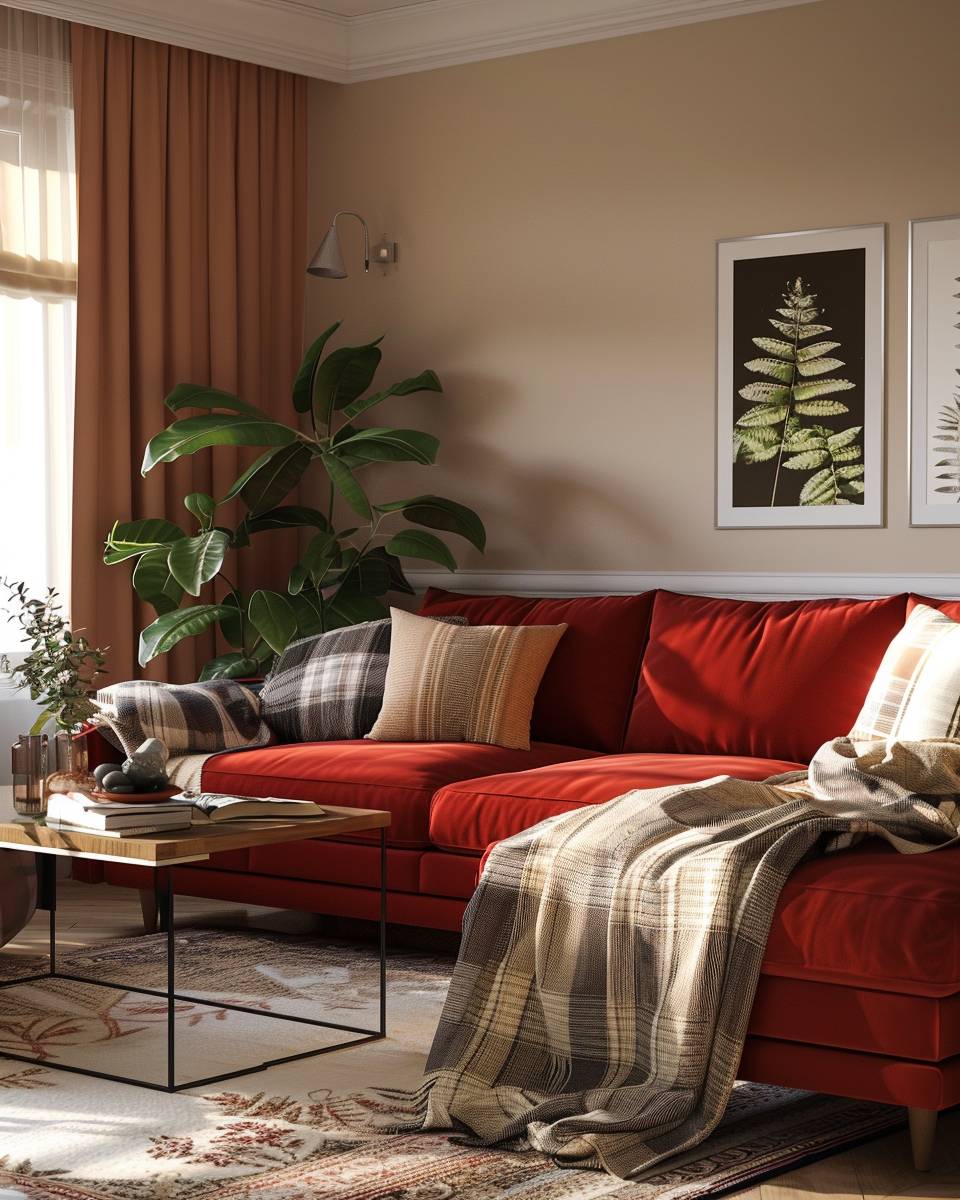 Wohnzimmer-Ideen mit rotem Sofa- Schaffe Gemütlichkeit mit hochwertigen Plaids