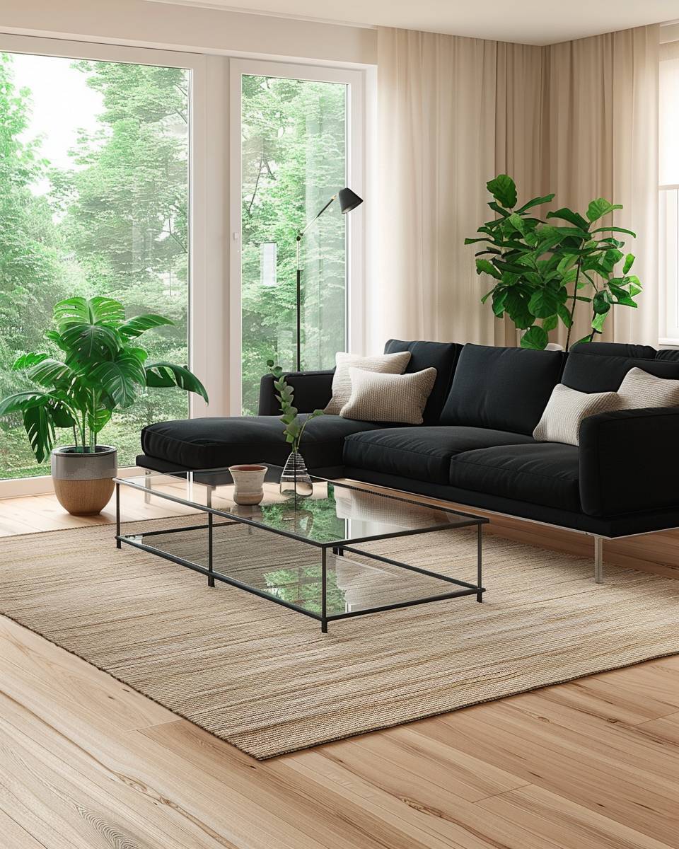 Wohnzimmer-Ideen mit schwarzem Sofa- Arrangiere einen Couchtisch aus Glas dazu