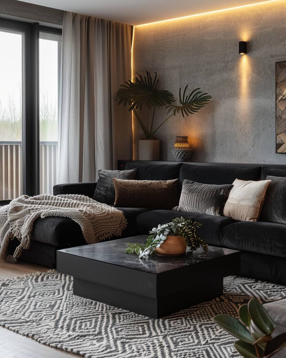 Wohnzimmer-Ideen mit schwarzem Sofa- Experimentiere mit verschiedenen Strukturen und Stoffen