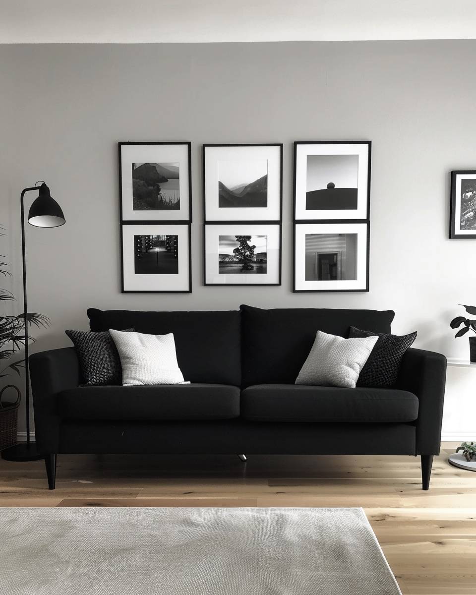 Wohnzimmer-Ideen mit schwarzem Sofa- Gestalte eine Bilderwand mit Schwarz-Weiß-Fotografien