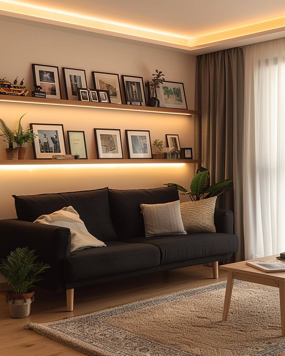 Wohnzimmer-Ideen mit schwarzem Sofa- Schmücke den Raum mit persönlichen Erinnerungsstücken