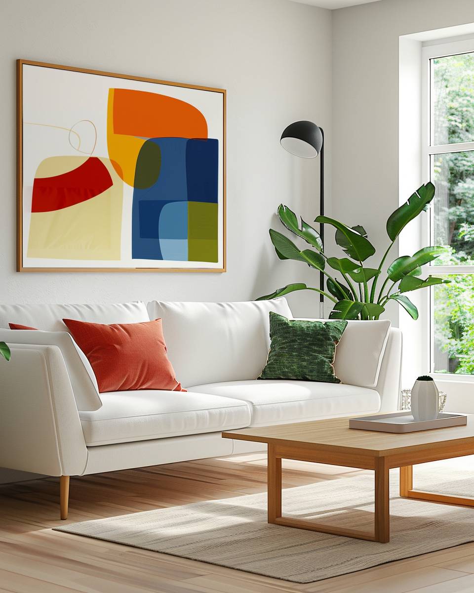 Wohnzimmer-Ideen mit weißem Sofa- Schmücke die Wand mit moderner Kunst