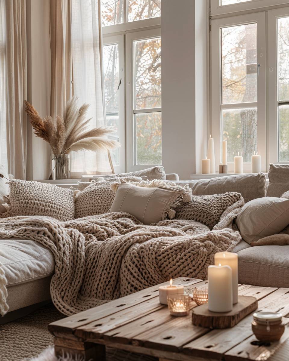 Wohnzimmer im Hygge-Stil einrichten- Arrangiere kuschelige Strickdecken
