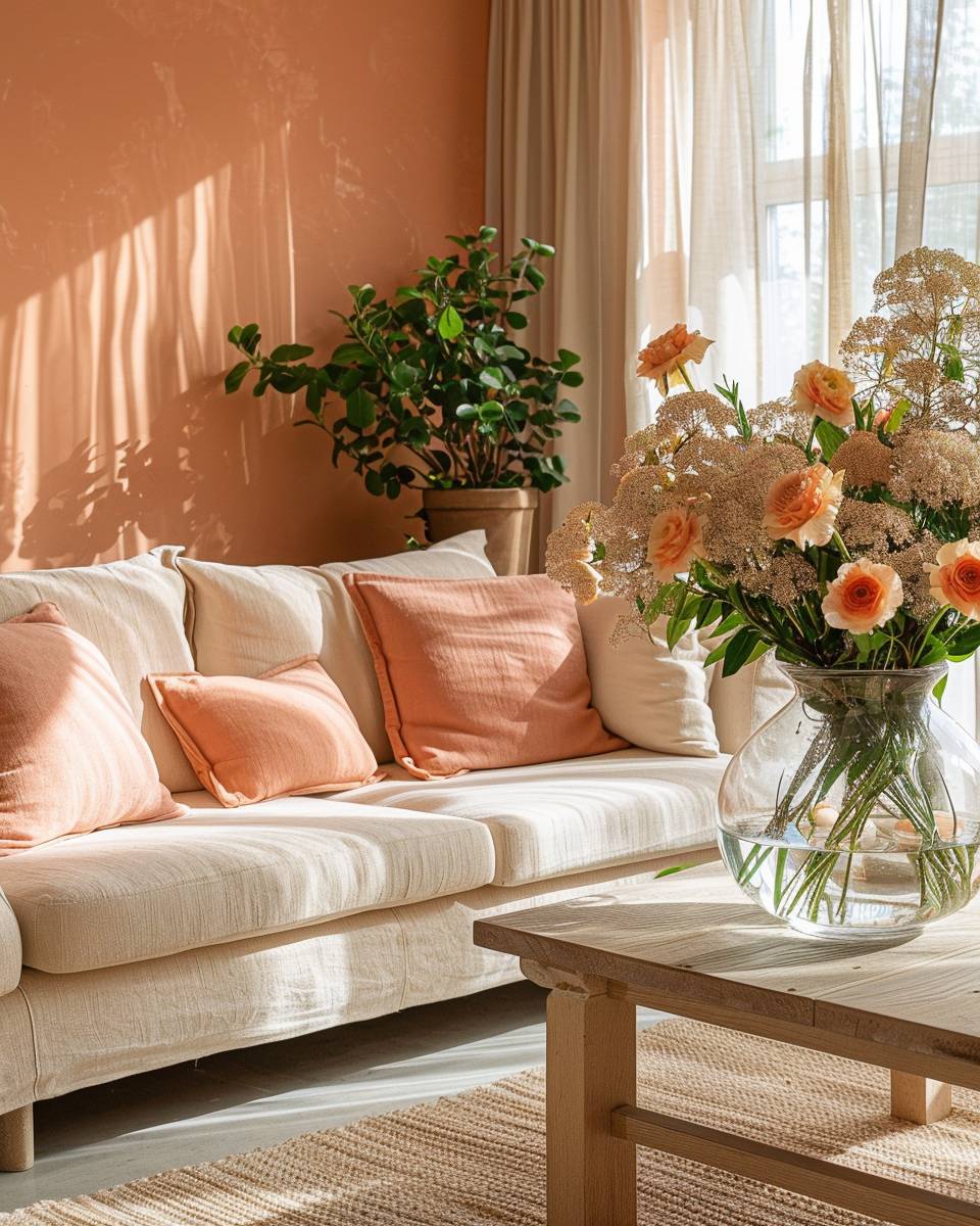 Wohnzimmer in Koralle einrichten- Arrangiere frische Blumen in passenden Tönen
