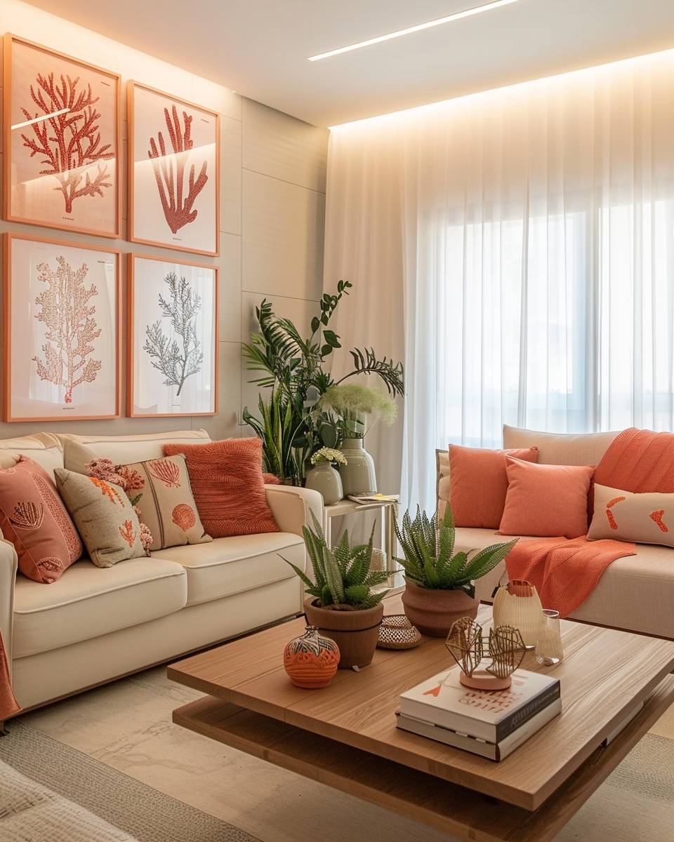 Wohnzimmer in Koralle einrichten- Dekoriere deine Wände mit Korallenprints