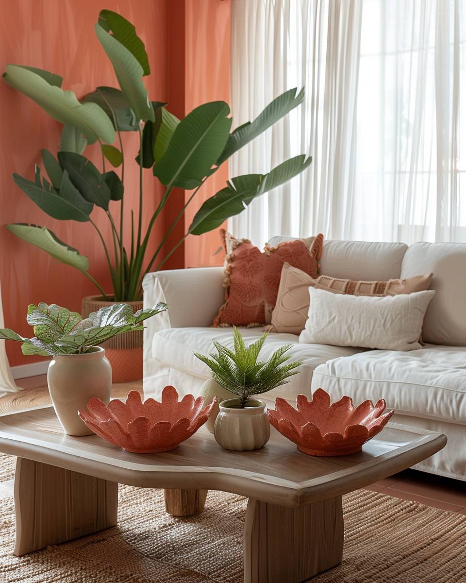 Wohnzimmer in Koralle einrichten- Style Couchtische mit Korallenschalen und Deko