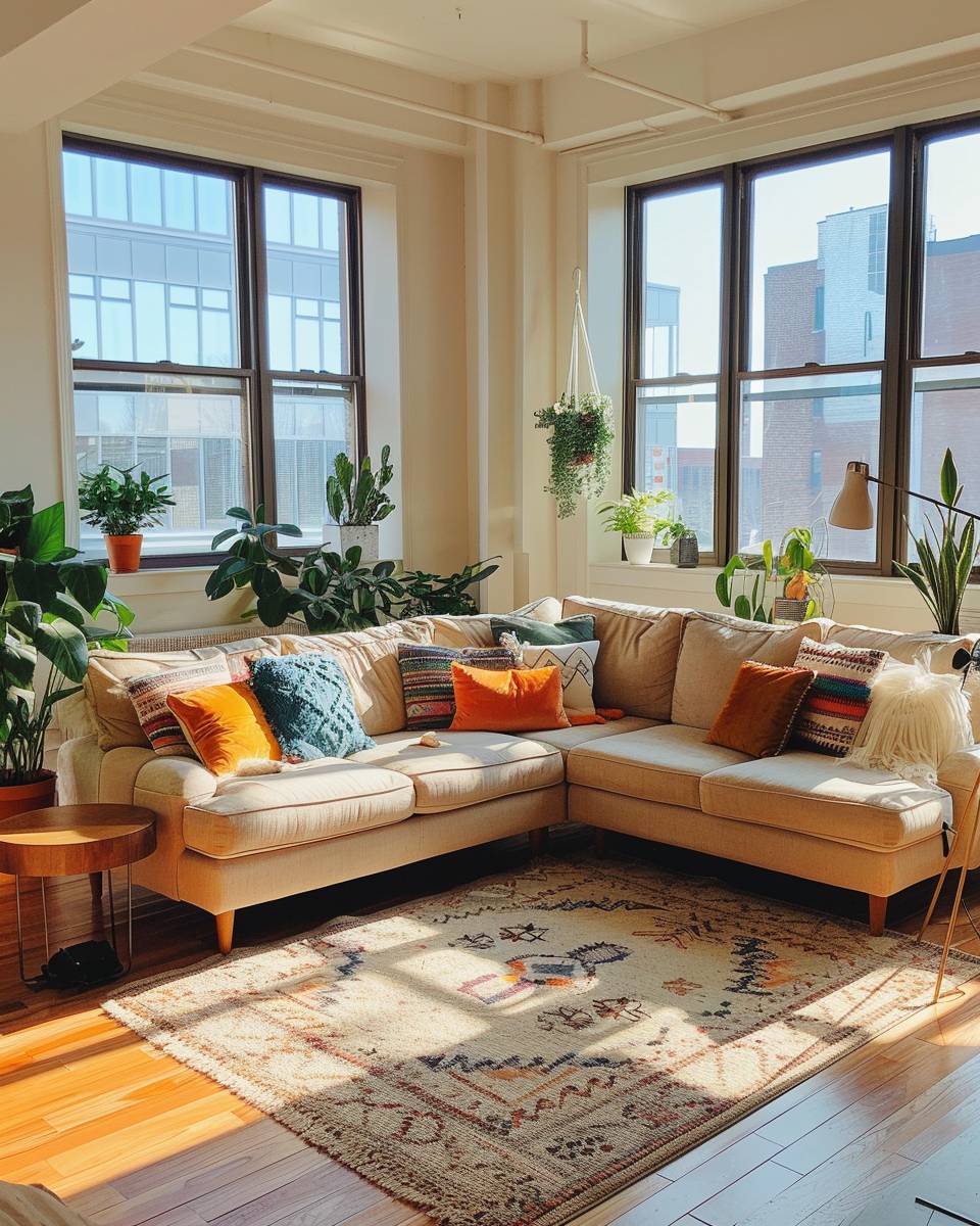 Wohnzimmer in L-Form einrichten- Setze Akzente mit farbenfrohen Kissen