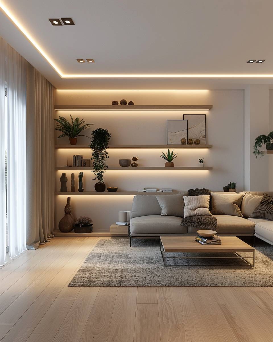 Wohnzimmer in L-Form einrichten- Verwende Wandregale für luftige Aufbewahrung