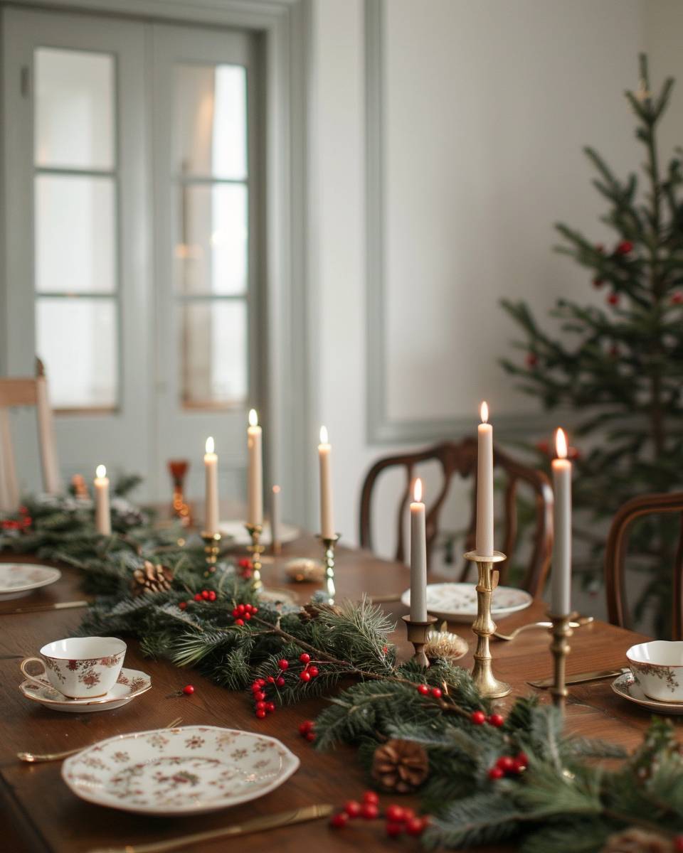 Esszimmer weihnachtlich dekorieren- Drapiere Tannenzweige um den Tischrand