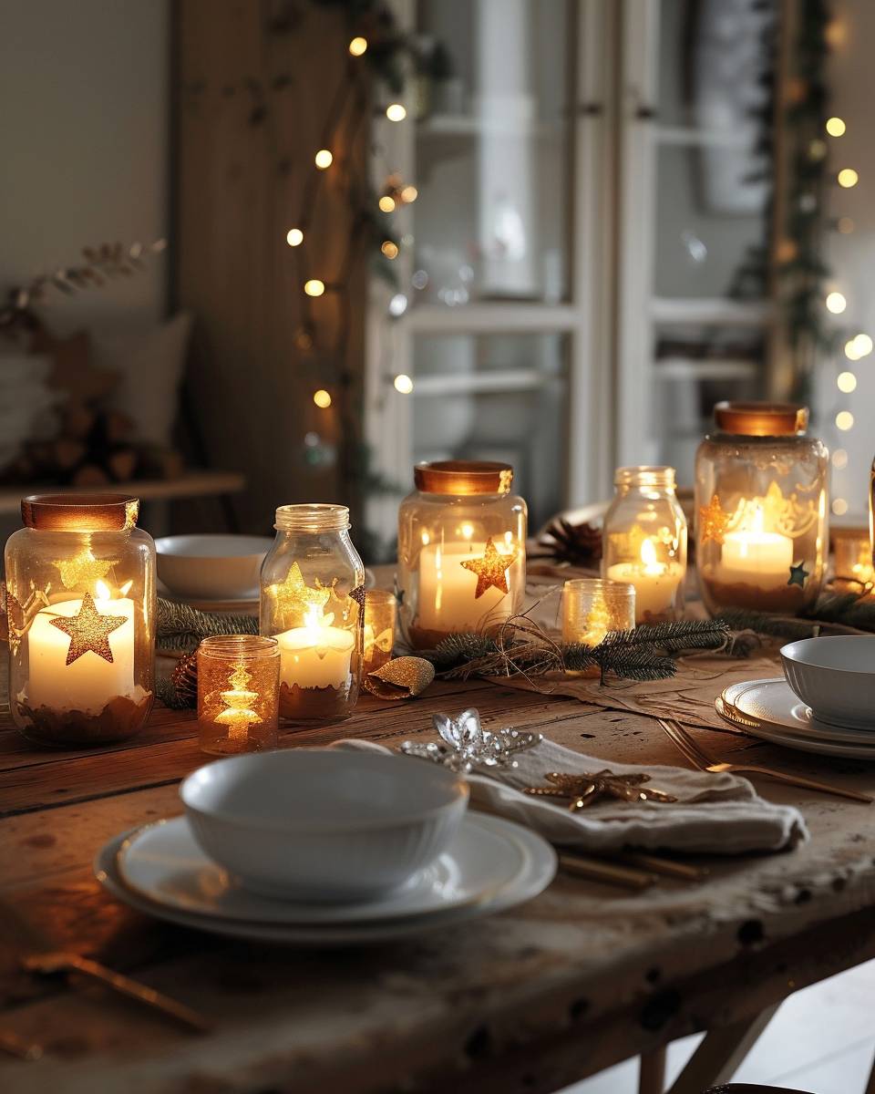 Esszimmer weihnachtlich dekorieren- Erneuere alte Gläser als Kerzenhalter mit Sternenmotiven