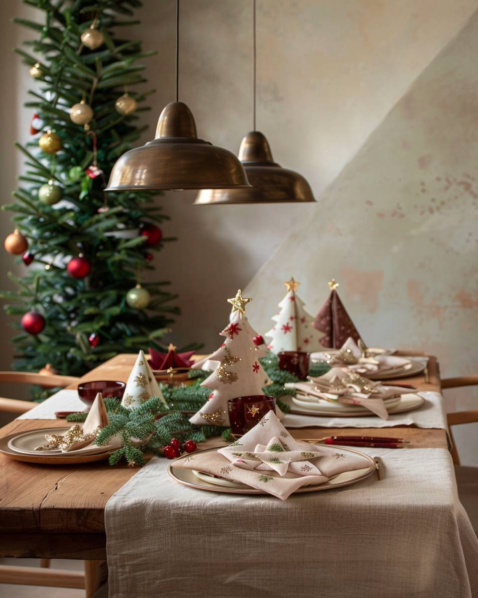 Esszimmer weihnachtlich dekorieren- Falte festliche Stoffservietten zu Weihnachtsformen