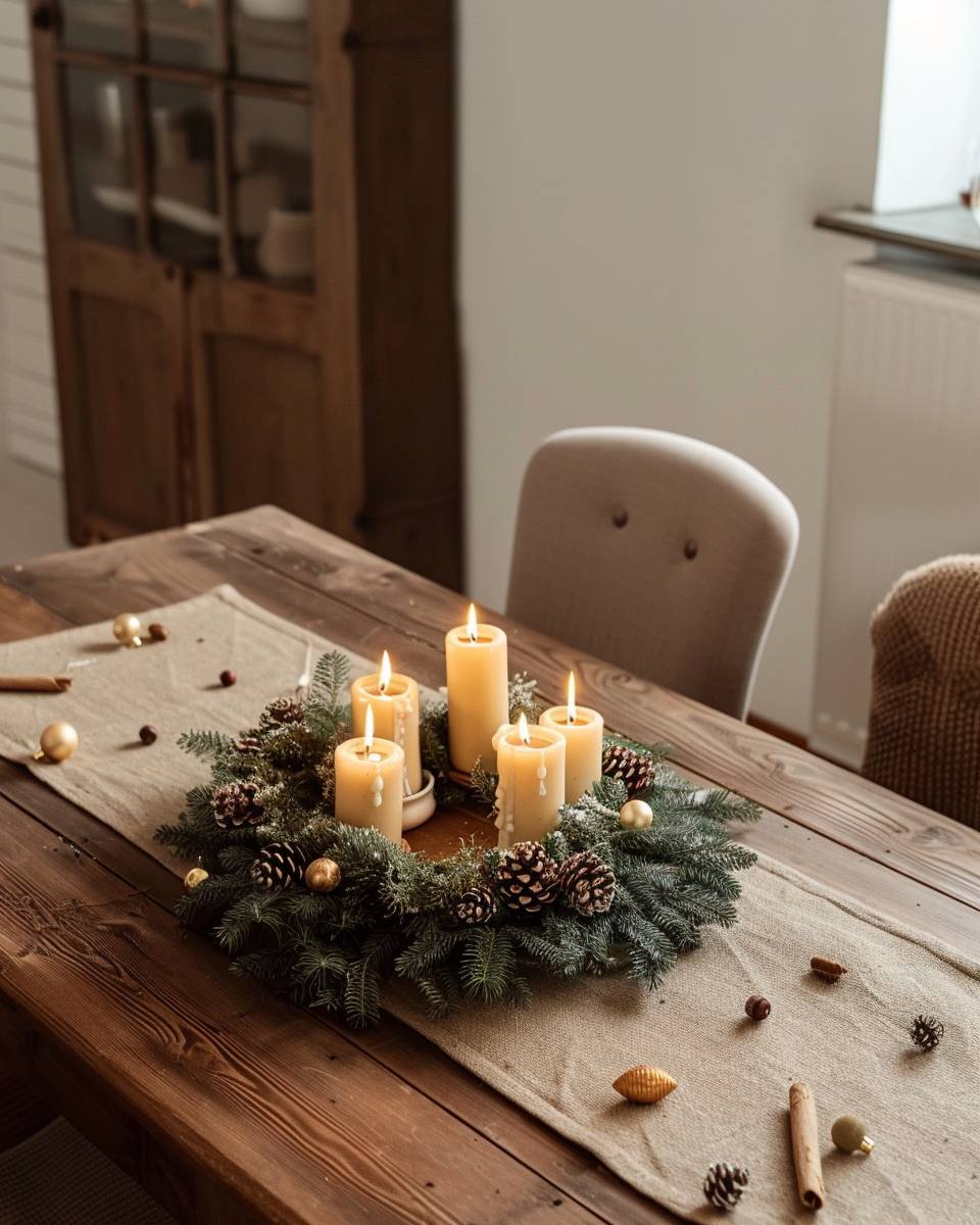 Esszimmer weihnachtlich dekorieren- Kreiere einen Adventskranz als Tischmittelpunkt
