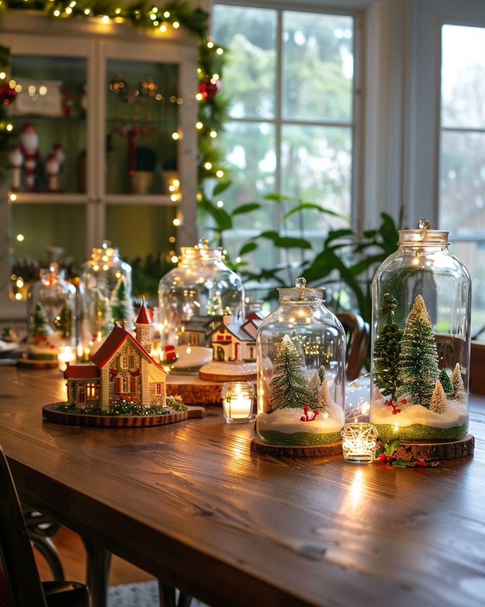 Esszimmer weihnachtlich dekorieren- Platziere Mini-Winterlandschaften im Glas auf dem Tisch