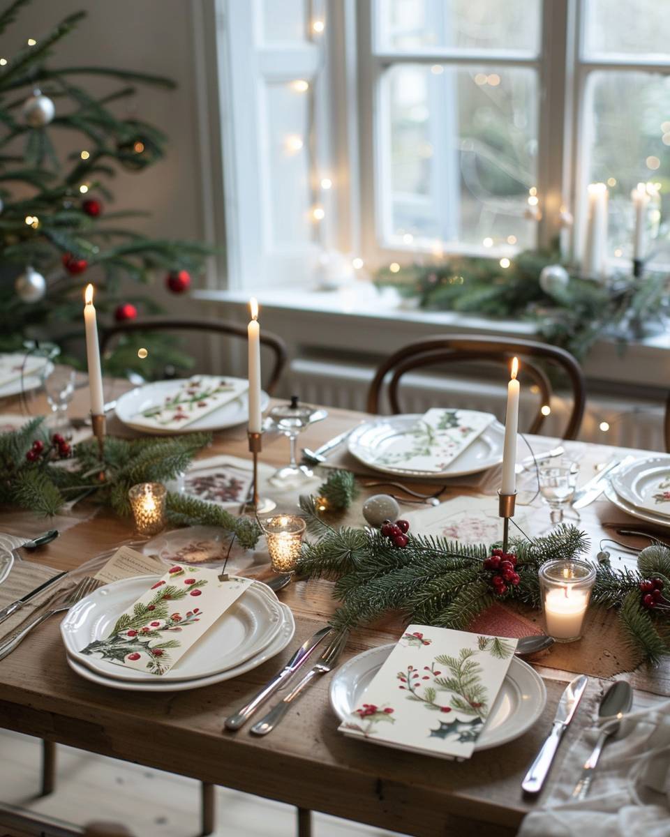 Esszimmer weihnachtlich dekorieren- Präsentiere gebastelte Weihnachtskarten als Platzkarten