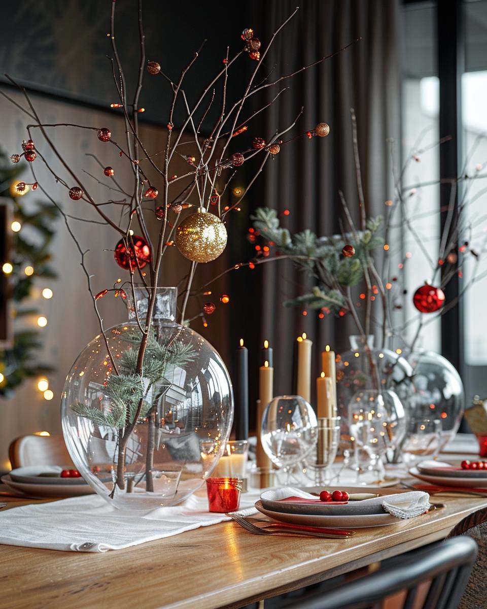 Esszimmer weihnachtlich dekorieren- Setze Glaskugeln als Vase für Zweige ein