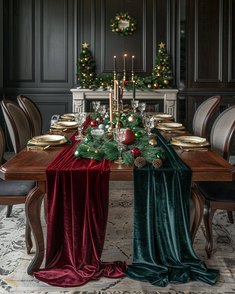Esszimmer weihnachtlich dekorieren- Verwende edle Samttischläufer in Weihnachtsfarben