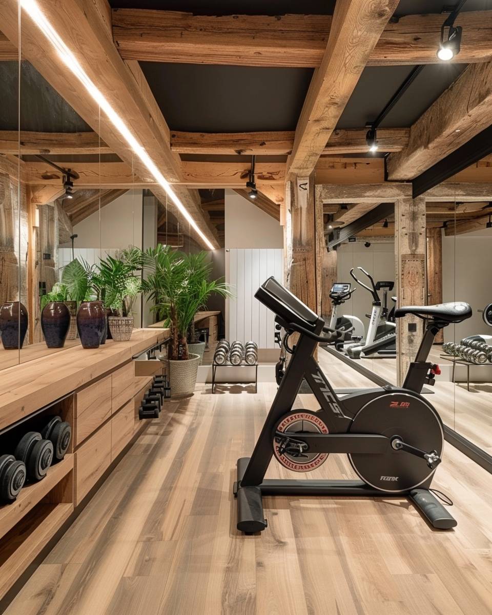 Fitnesskeller einrichten- Integriere Naturmaterialien wie Holz für Wärme