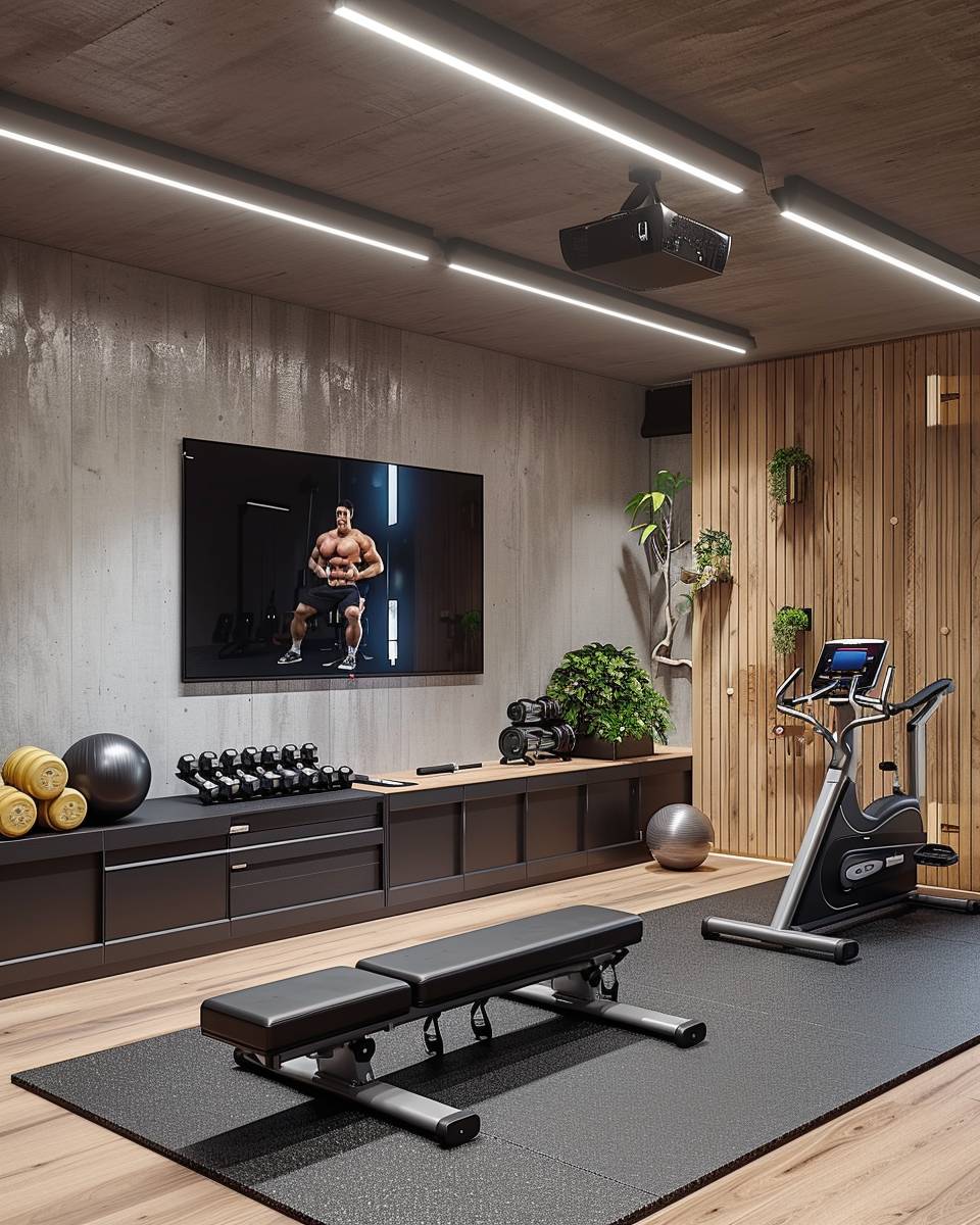 Fitnesskeller einrichten- Stelle einen Fernseher für Online-Workouts auf