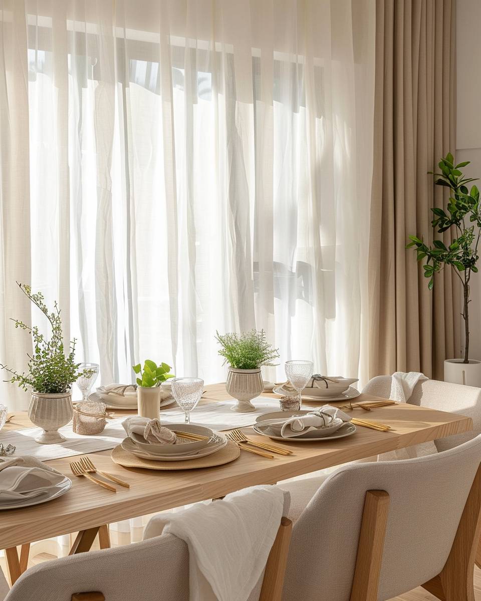 Ideen: Esszimmer gemütlich einrichten- Nutze Vorhänge aus Leinen für sanftes Licht