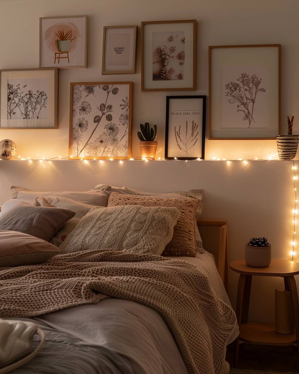Ideen: Schlafzimmer mit Lichterketten dekorieren- Betone deine Bilderwand durch LED-Lichterketten