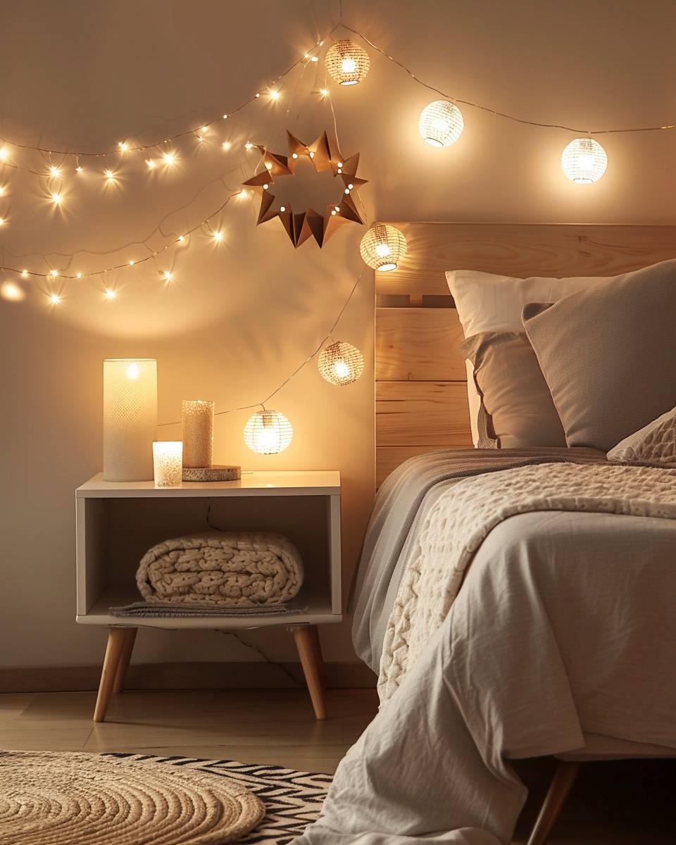 Ideen: Schlafzimmer mit Lichterketten dekorieren- Dekoriere deinen Nachttisch mit kleinen Lampions