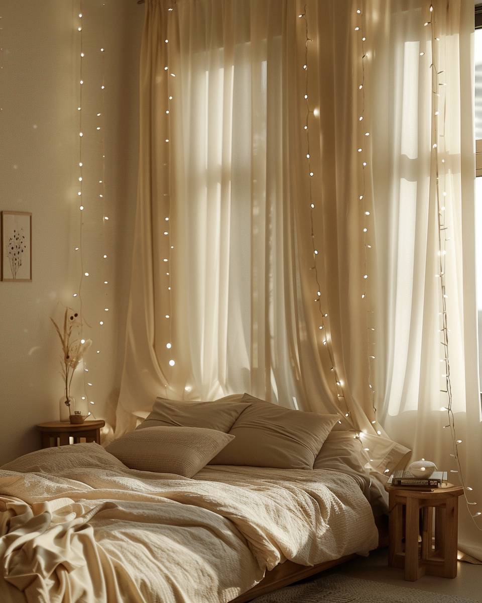 Ideen: Schlafzimmer mit Lichterketten dekorieren- Drapiere Lichterketten kunstvoll an Vorhängen