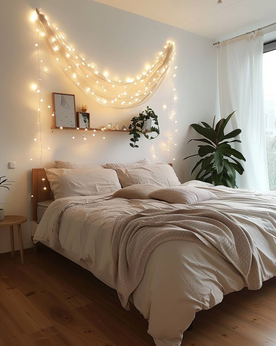 Ideen: Schlafzimmer mit Lichterketten dekorieren- Integriere Lichterketten in ein DIY-Wandbild