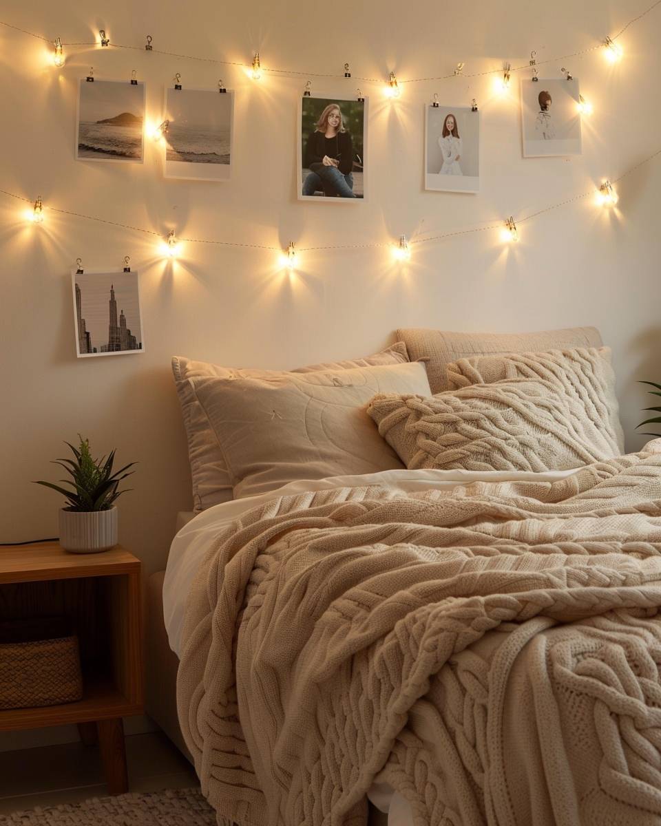 Ideen: Schlafzimmer mit Lichterketten dekorieren- Kreiere eine Lichtgirlande mit Fotos und Clips