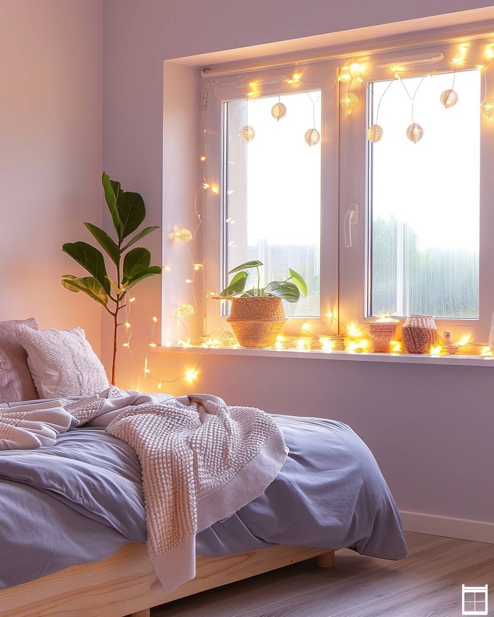 Ideen: Schlafzimmer mit Lichterketten dekorieren- Lege Lichterketten sanft auf die Fensterbank