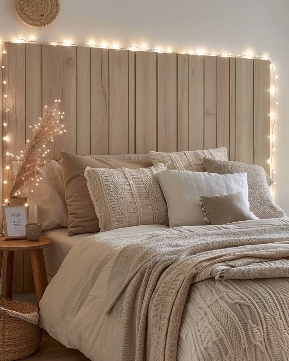 Ideen: Schlafzimmer mit Lichterketten dekorieren- Montiere Lichterketten hinter deinem Kopfteil