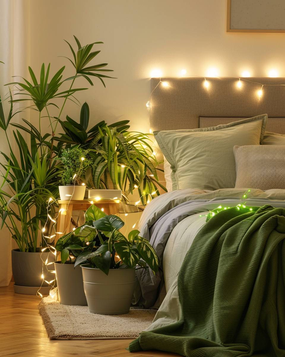Ideen: Schlafzimmer mit Lichterketten dekorieren- Schlängle Lichterketten um Pflanzen im Schlafzimmer