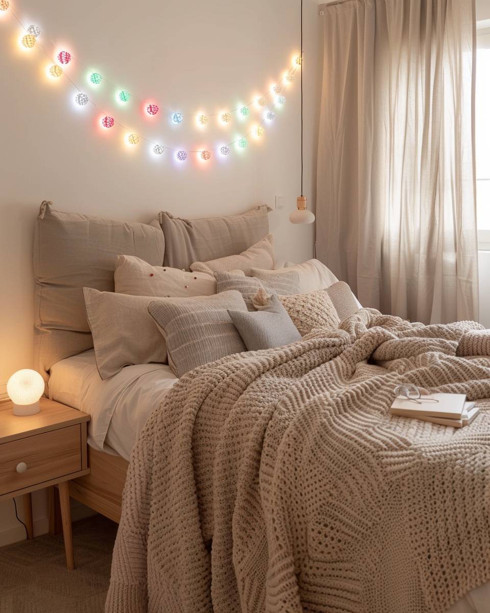 Ideen: Schlafzimmer mit Lichterketten dekorieren- Setze gezielt farbige Lichterketten als Eyecatcher ein