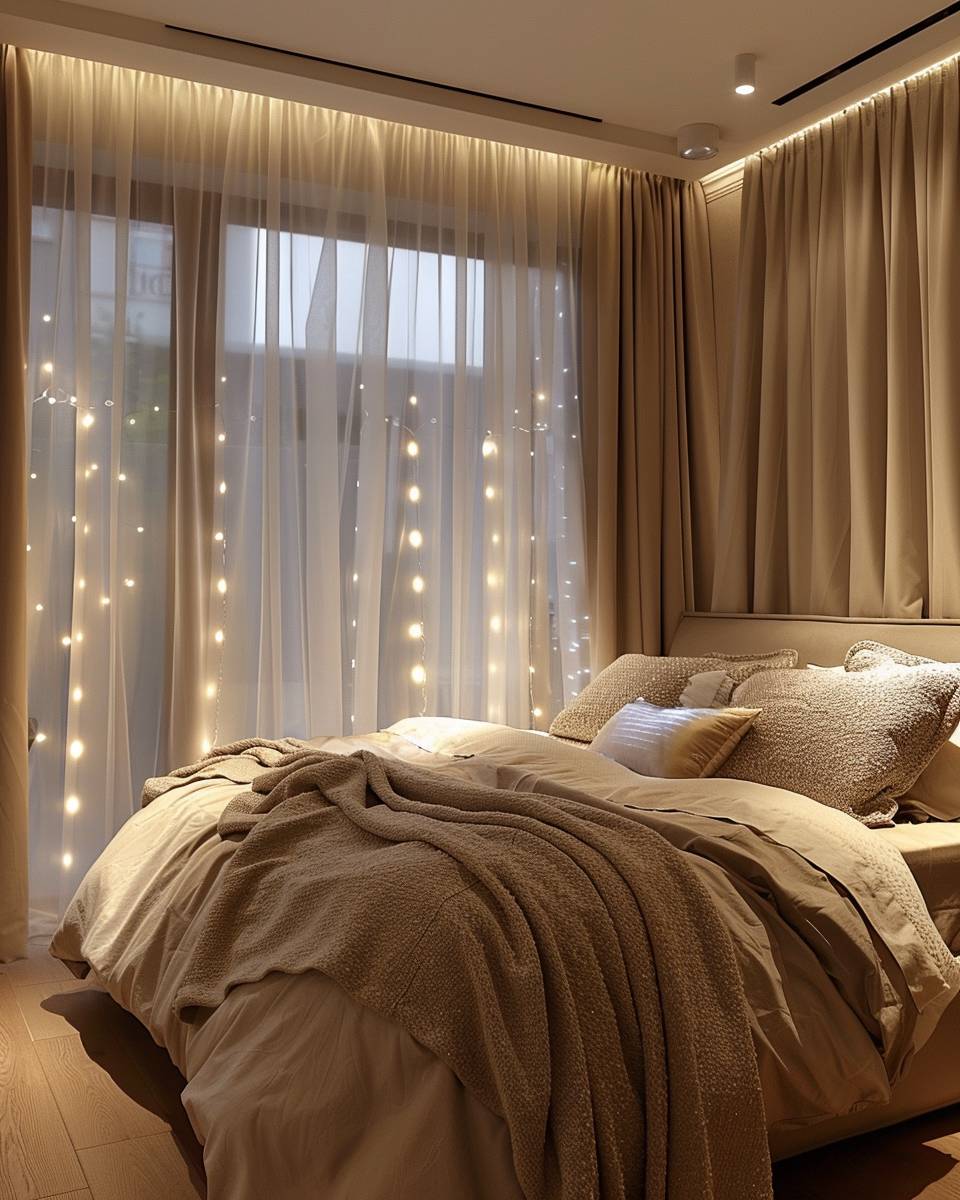 Ideen: Schlafzimmer mit Lichterketten dekorieren- Verstecke Lichterketten geschickt in Vorhangschals