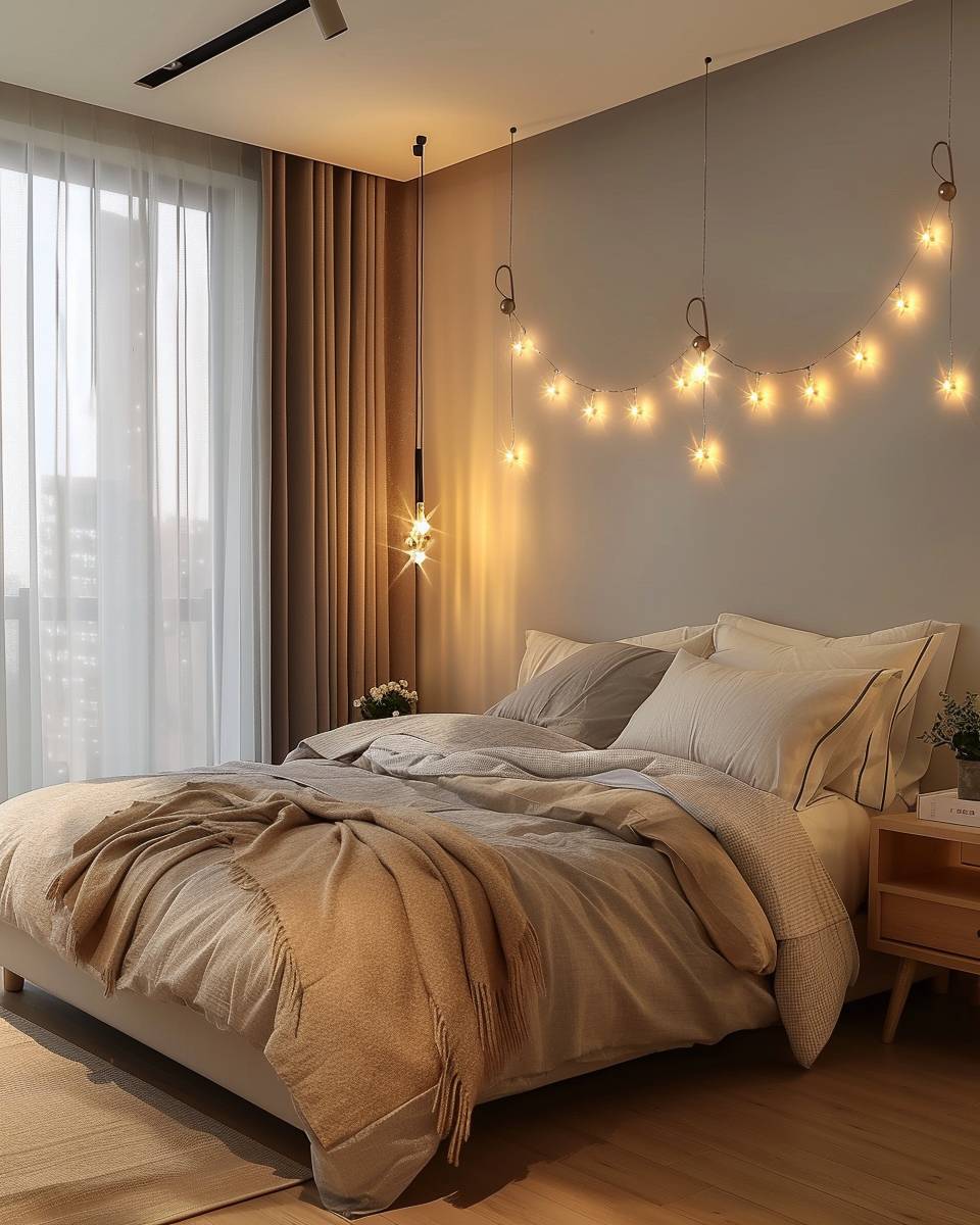 Ideen: Schlafzimmer mit Lichterketten dekorieren- Wickle Lichterketten um Haken an der Decke