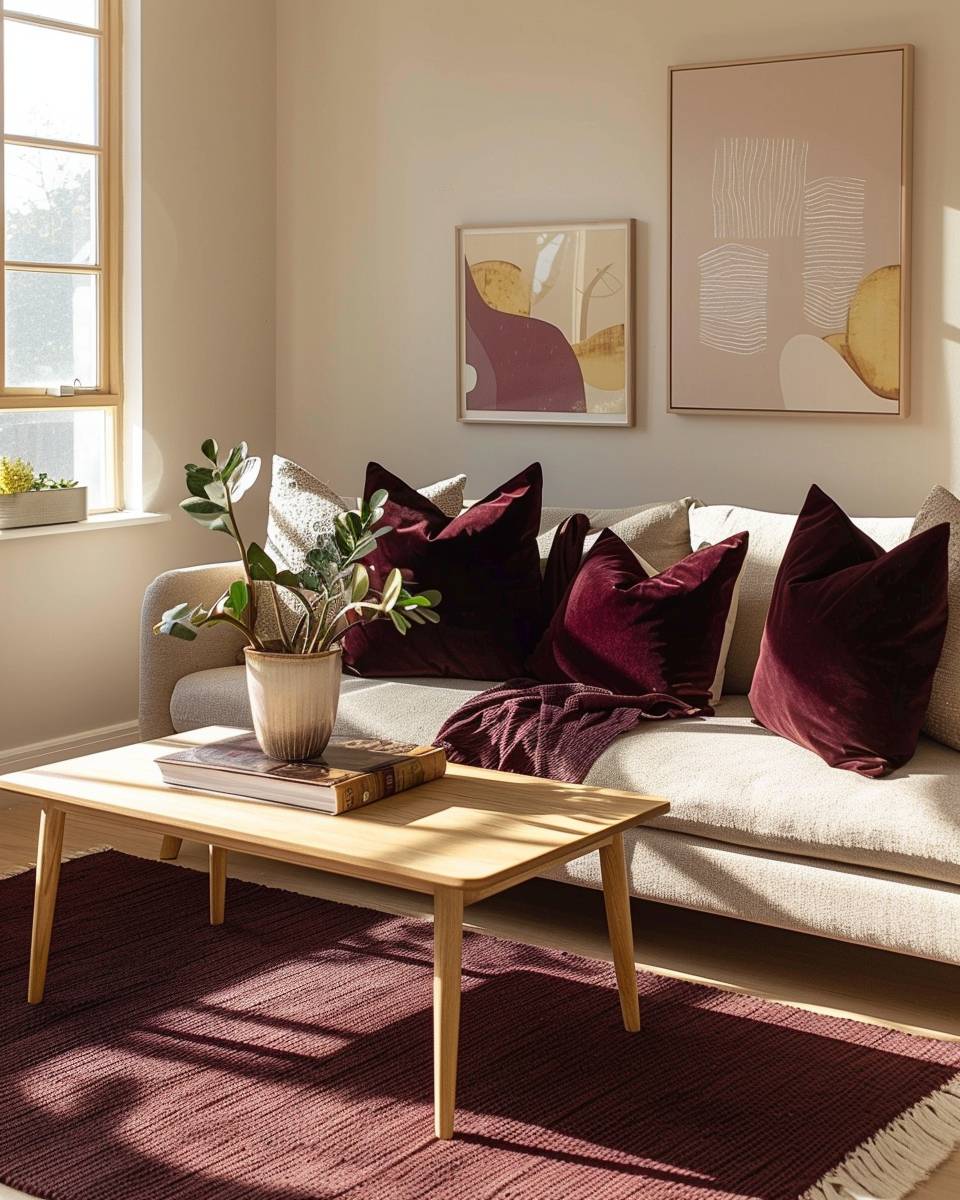 Ideen: Wohnzimmer in Burgunder-Setze samtige burgunderfarbene Kissen als Akzent