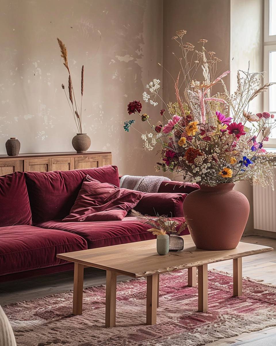 Ideen: Wohnzimmer in Burgunder- Bring bunte Trockenblumensträuße ins Spiel