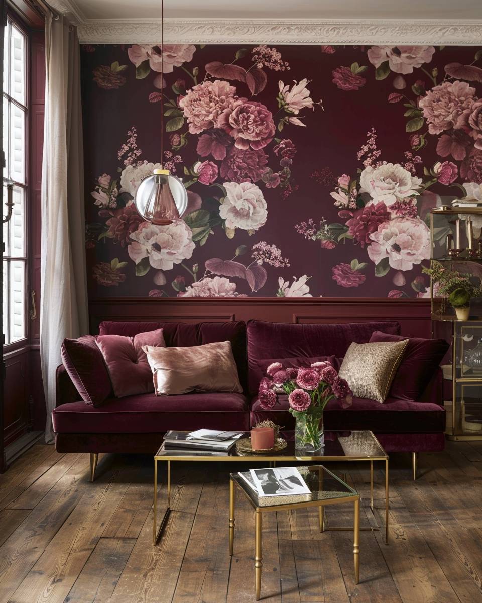 Ideen: Wohnzimmer in Burgunder- Dekoriere mit floralen Mustern in Burgunder