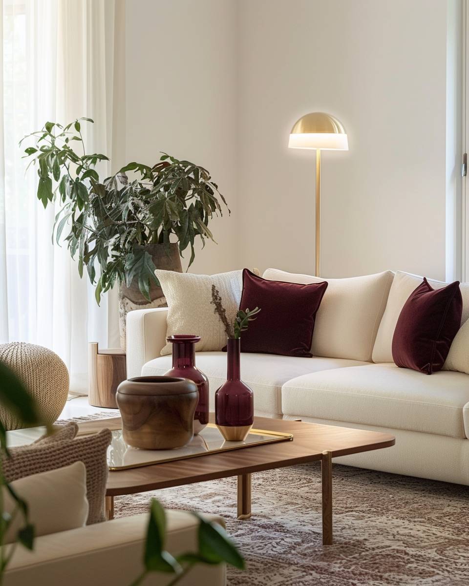 Ideen: Wohnzimmer in Burgunder- Ersetze alte Vasen durch burgunderrote Highlights