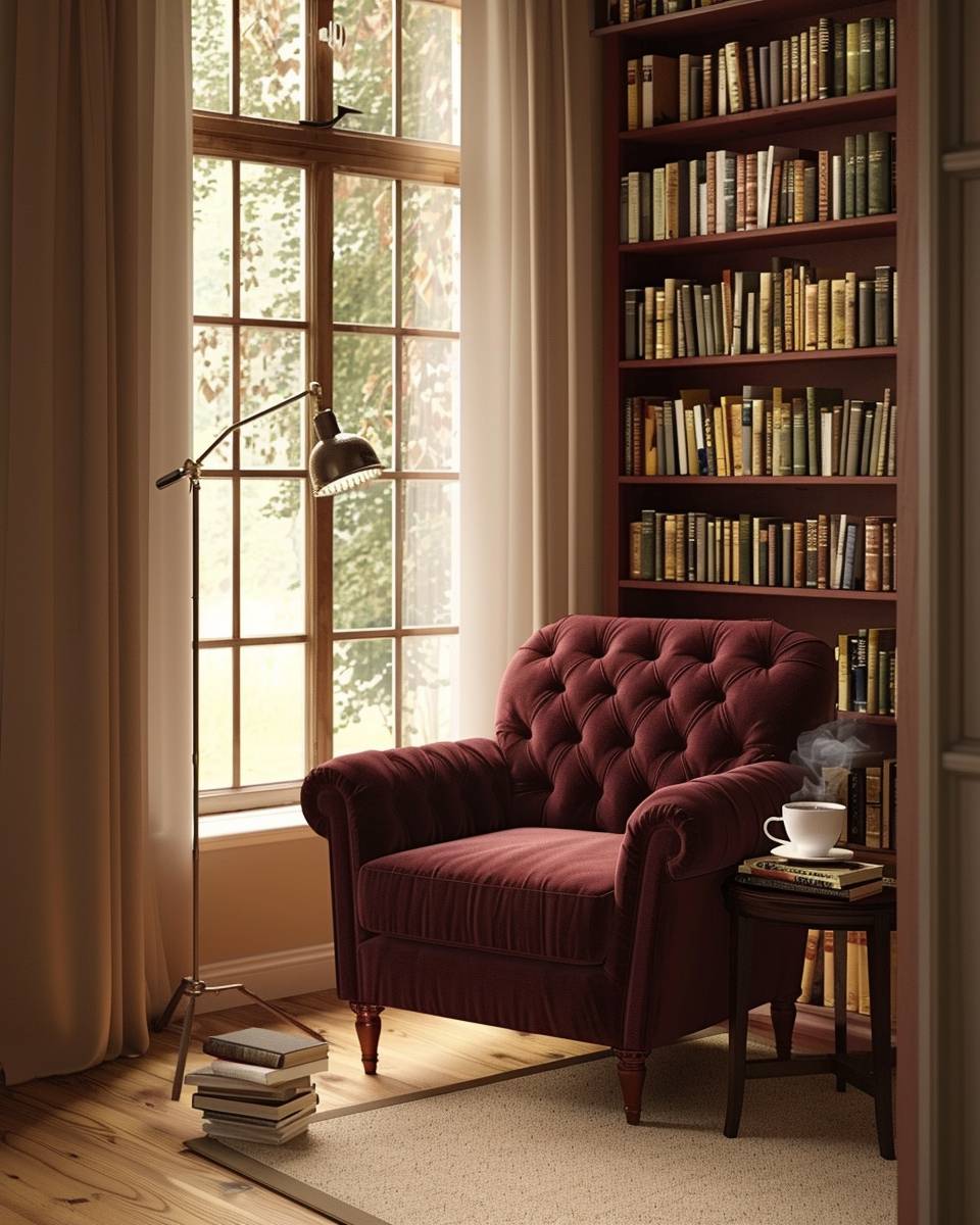 Ideen: Wohnzimmer in Burgunder- Gestalte eine Leseecke mit burgunderrotem Sessel