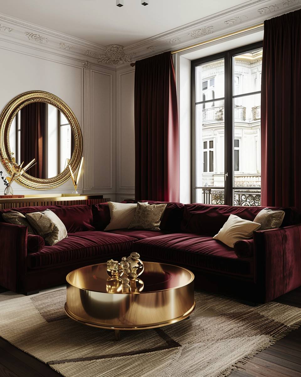 Ideen: Wohnzimmer in Burgunder- Integriere goldene Accessoires für edle Kontraste