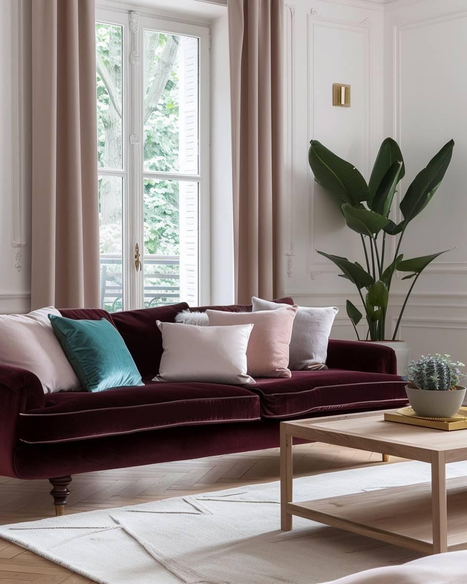 Ideen: Wohnzimmer in Burgunder- Mixe burgunderrote Kissen mit Pastelltönen