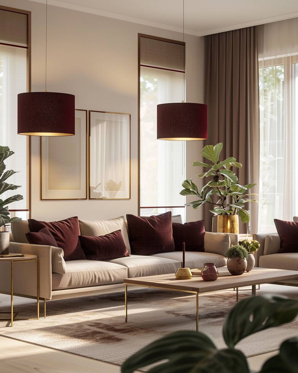 Ideen: Wohnzimmer in Burgunder- Nutze burgunderfarbene Lampenschirme für warmes Licht