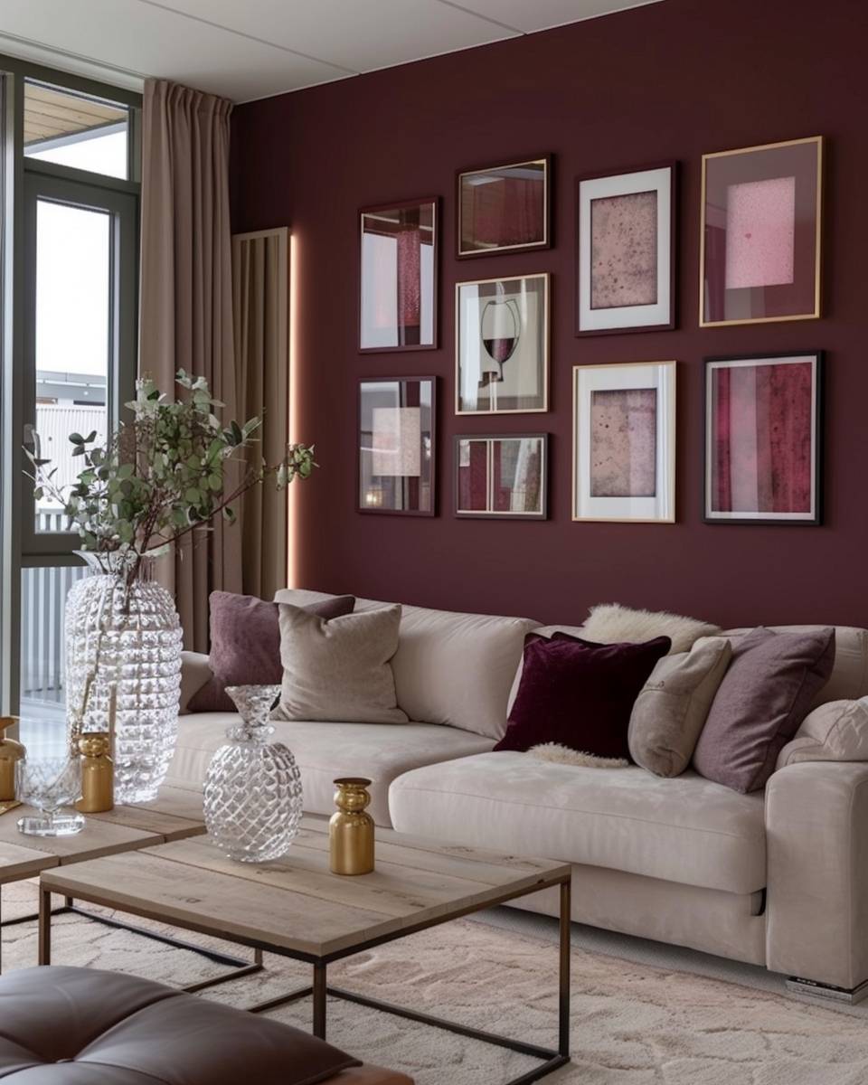 Ideen: Wohnzimmer in Burgunder- Platziere burgunderfarbene Bilderrahmen gezielt