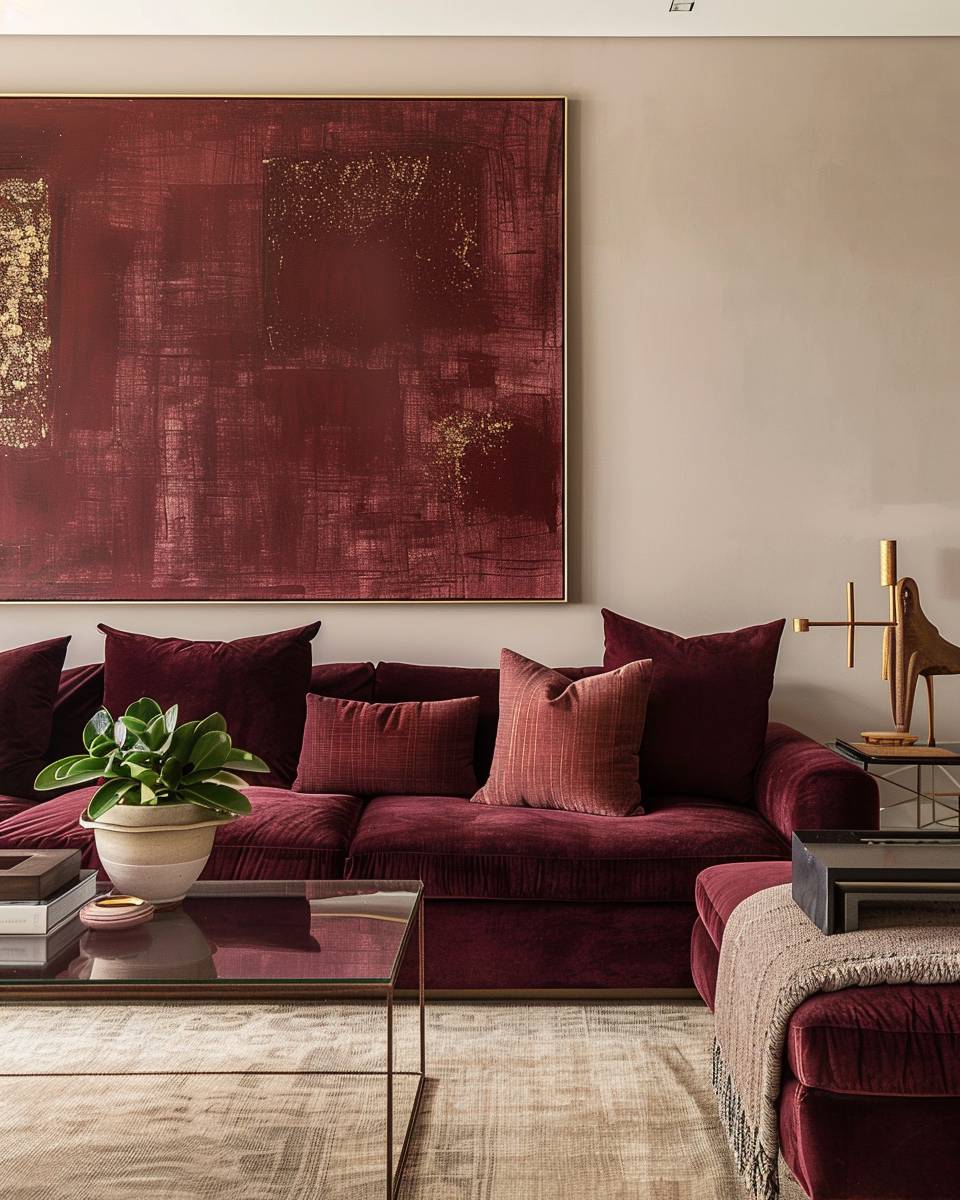 Ideen: Wohnzimmer in Burgunder- Präsentiere Kunst mit burgunderroten Elementen