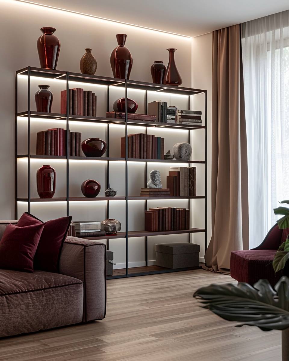 Ideen: Wohnzimmer in Burgunder- Style dein Regal mit burgunderfarbenen Deko-Objekten