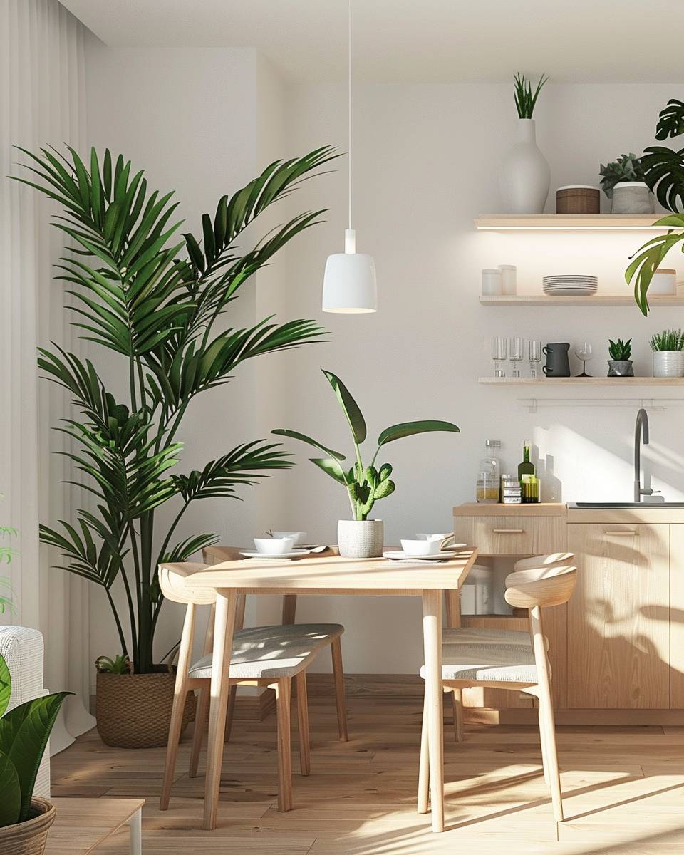 Ideen: kleines Esszimmer einrichten- Trenne Küche und Esszimmer dezent mit Pflanzen