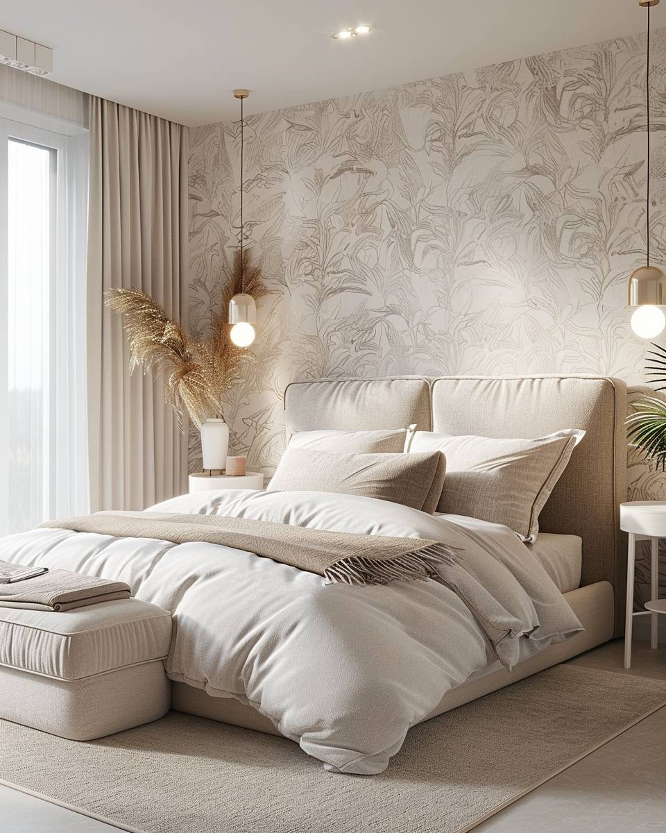 Ideen für Bett-Rückwand-Setze auf eine Tapete mit Muster